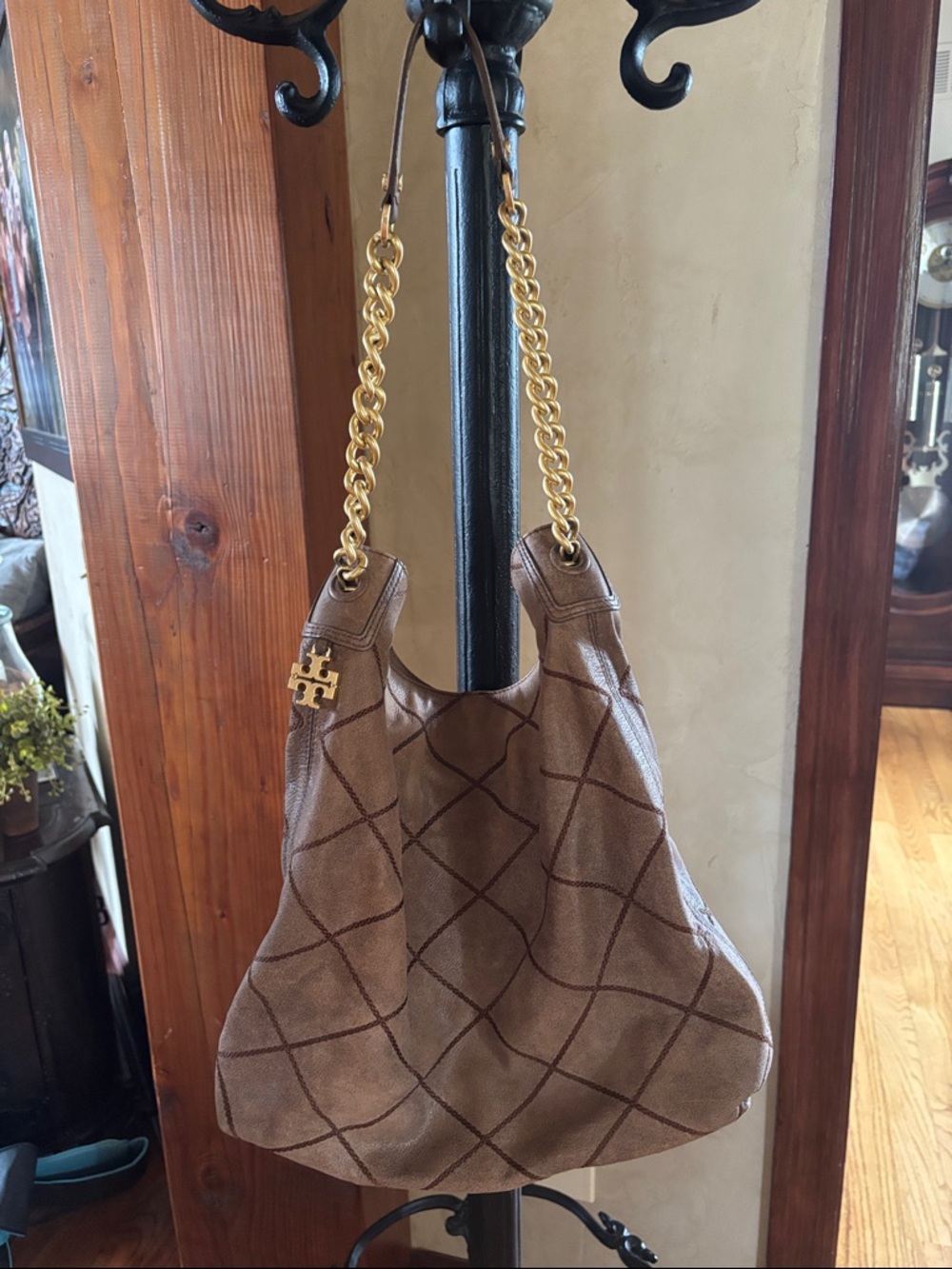 Tory Burch Taupe Quilted Leather Hobo with Gold Chain